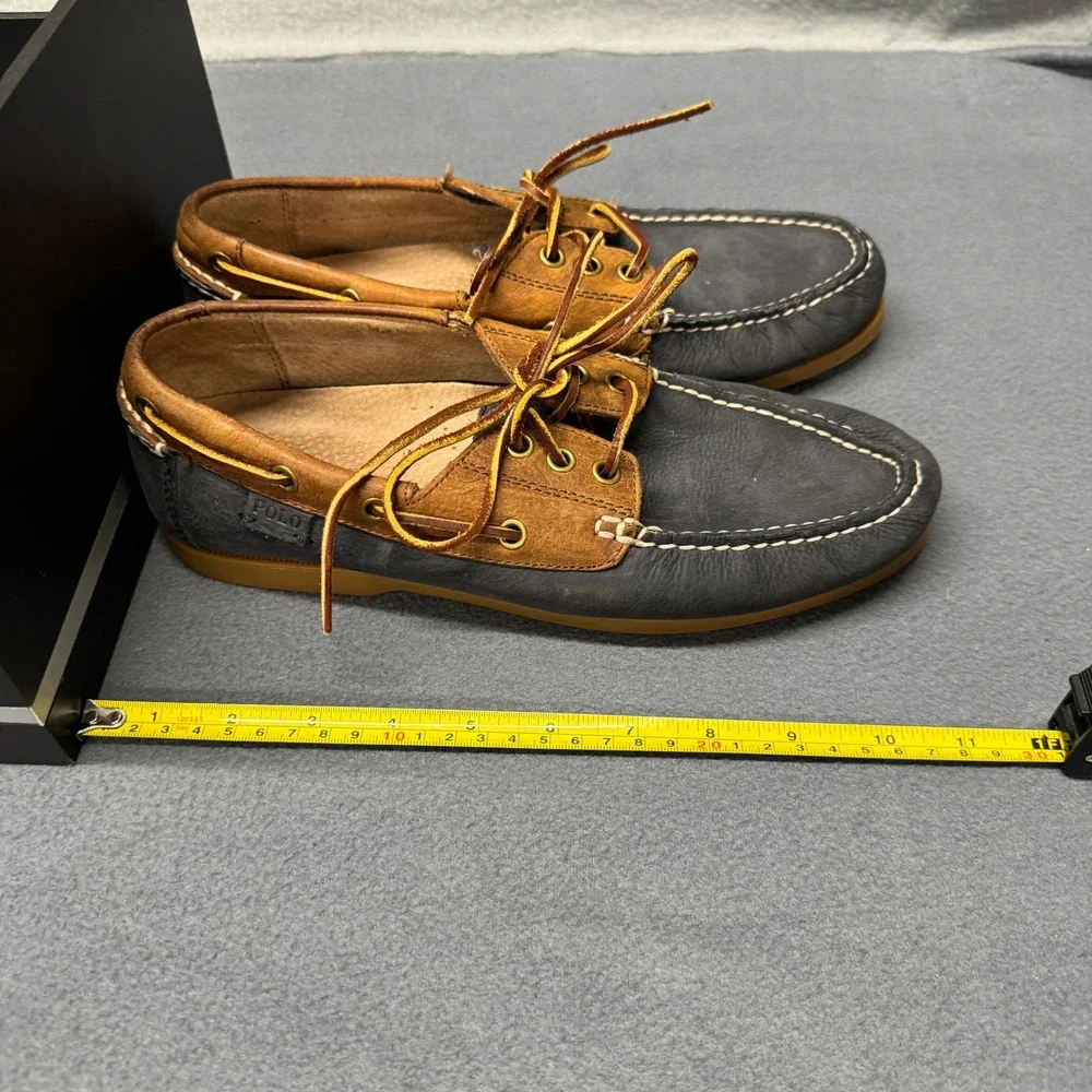 Polo Ralph Lauren Boat Shoes Mens 9 D Bienne II Navy Blue‎ Tan Leather Loafers